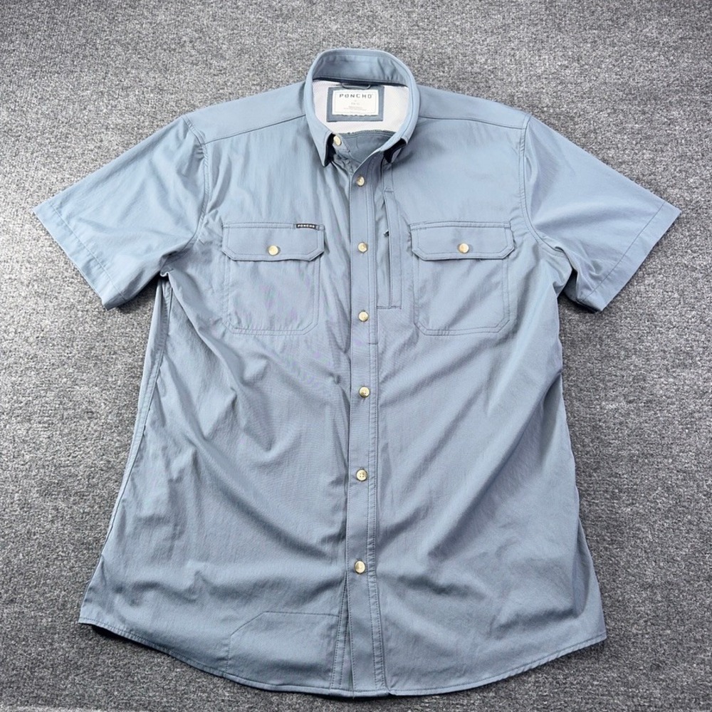 Poncho Outdoors Mens M Slim Fit Short Sleeve Fishing Shirt Blue Grey